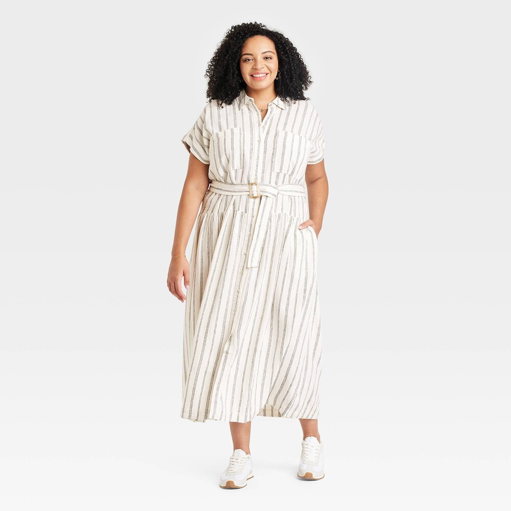 Short Sleeve Belted Midi Shirtdress - White Striped XXL